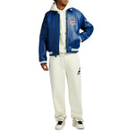 Men's Blue Lambskin Leather Varsity Bomber Jacket with USA Logo Appliqué