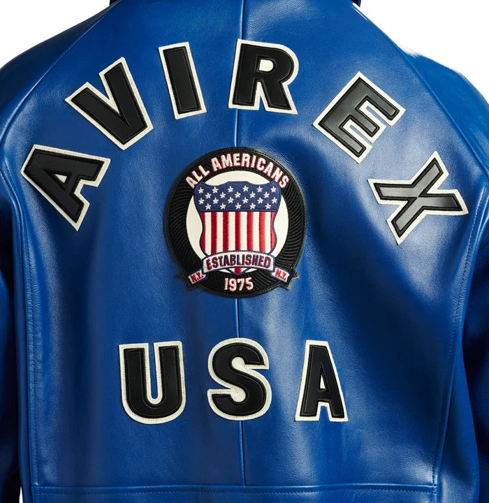 Men's Blue Lambskin Leather Varsity Bomber Jacket with USA Logo Appliqué