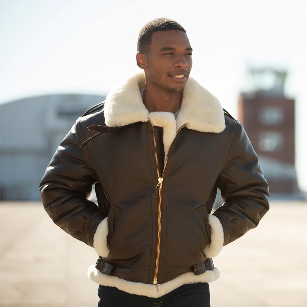 Men's B3 Brown Shearling Leather Bomber Jacket