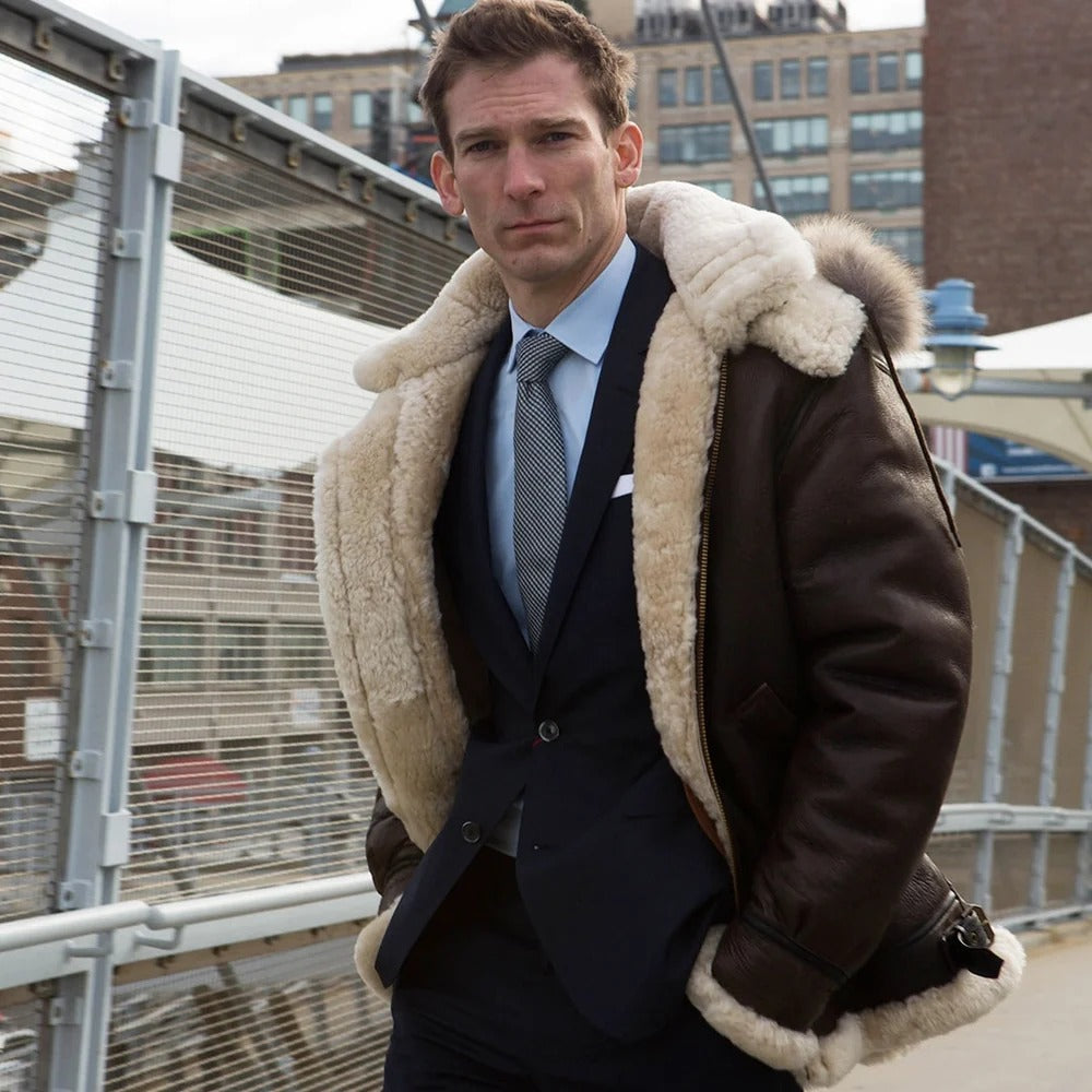 Men's Brown Hooded Sheepskin Leather Shearling Coat