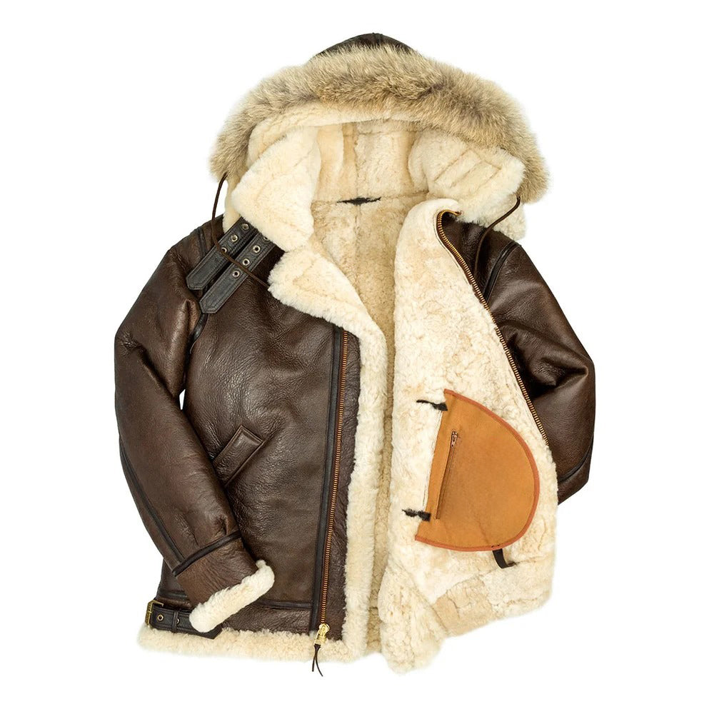 Men's Brown Hooded Sheepskin Leather Shearling Coat