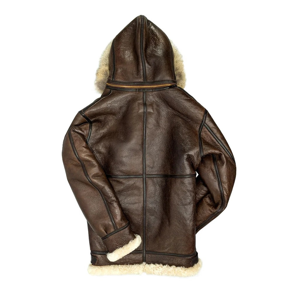 Men's Brown Hooded Sheepskin Leather Shearling Coat