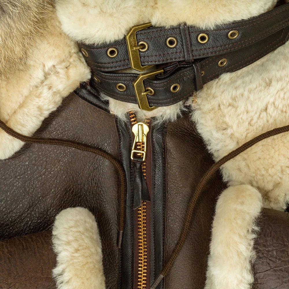 Men's Brown Hooded Sheepskin Leather Shearling Coat
