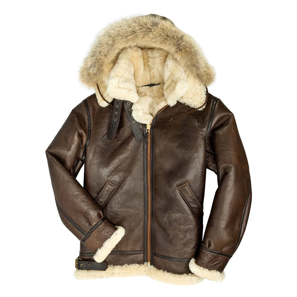 Men's Brown Hooded Sheepskin Leather Shearling Coat