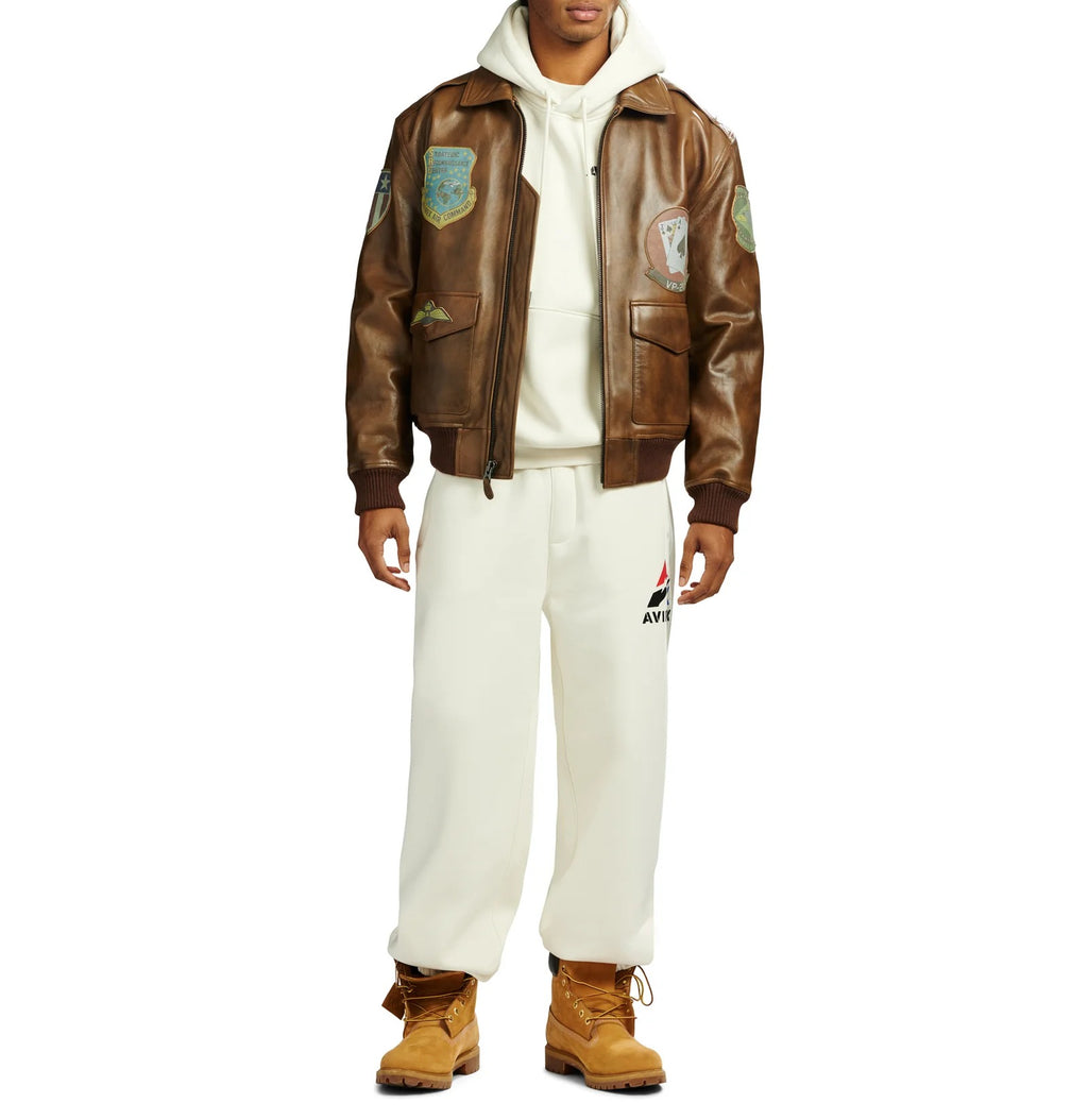 Men's Brown Lambskin Leather Flight Jacket with Vintage Military Patches