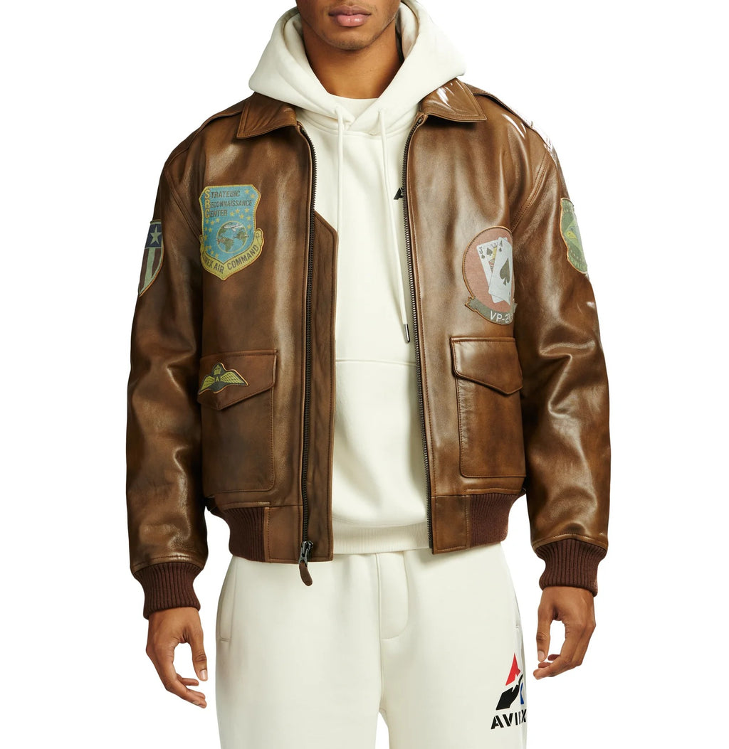 Men's Brown Lambskin Leather Flight Jacket with Vintage Military Patches