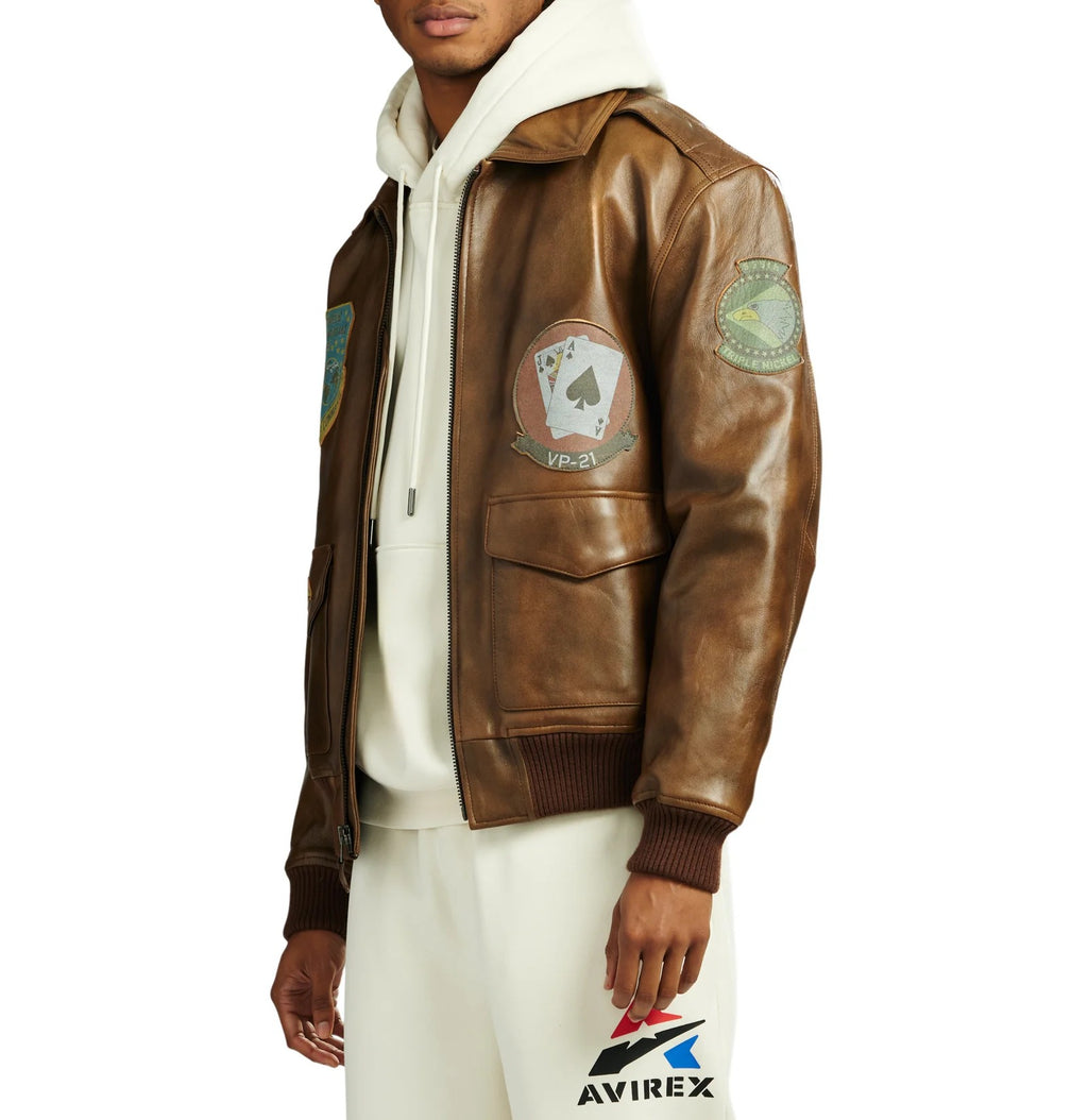Men's Brown Lambskin Leather Flight Jacket with Vintage Military Patches