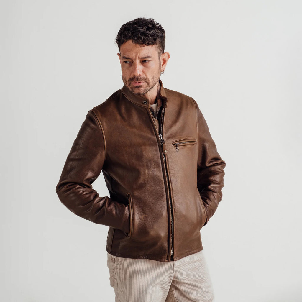 Men's Brown Leather Cafe Racer Jacket