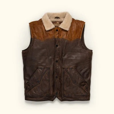 Men's Brown Western Two-Tone Leather Shearling Vest