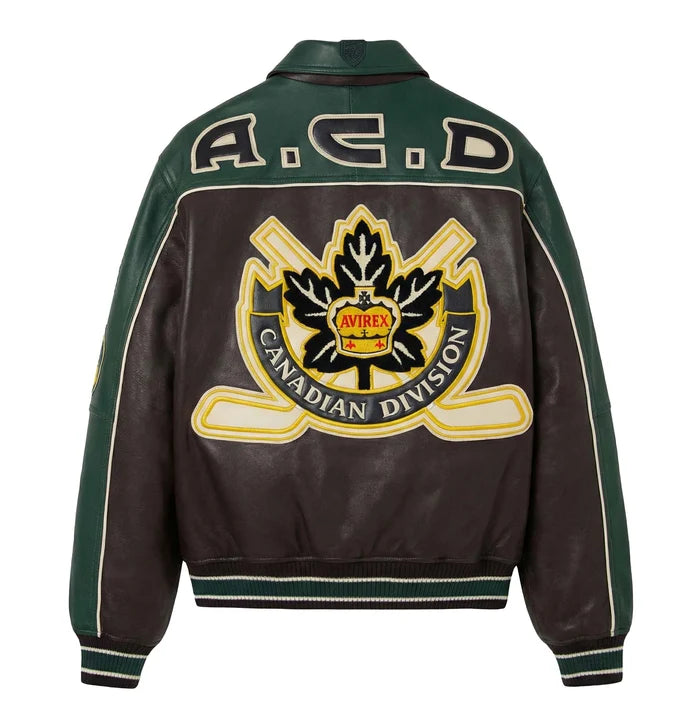 Men's Brown & Green Leather Hockey Varsity Jacket | Canadian Division Edition