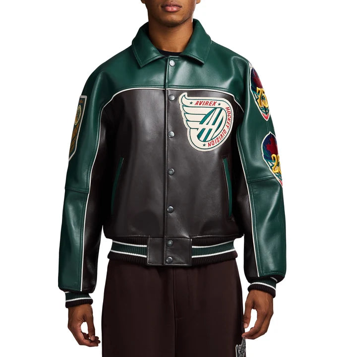 Men's Brown & Green Leather Hockey Varsity Jacket | Canadian Division Edition