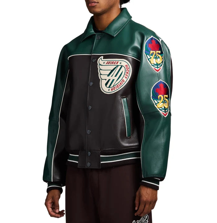 Men's Brown & Green Leather Hockey Varsity Jacket | Canadian Division Edition