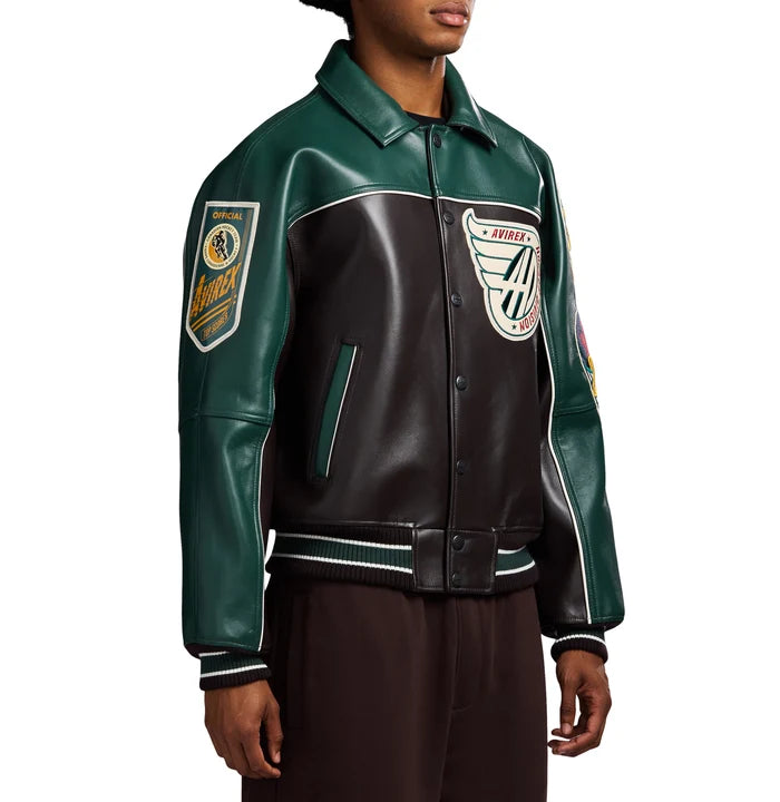 Men's Brown & Green Leather Hockey Varsity Jacket | Canadian Division Edition