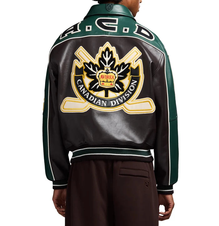Men's Brown & Green Leather Hockey Varsity Jacket | Canadian Division Edition