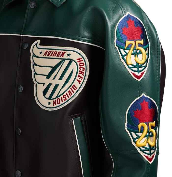 Men's Brown & Green Leather Hockey Varsity Jacket | Canadian Division Edition