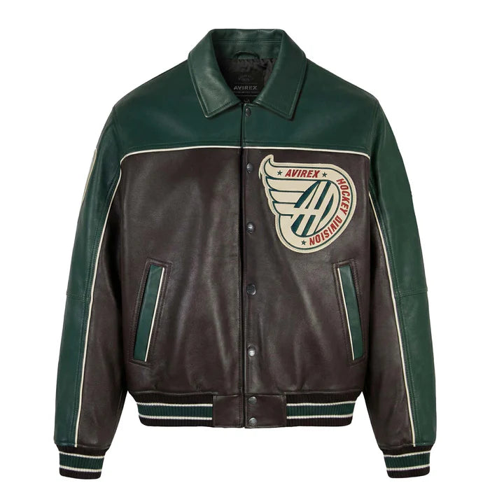 Men's Brown & Green Leather Hockey Varsity Jacket | Canadian Division Edition