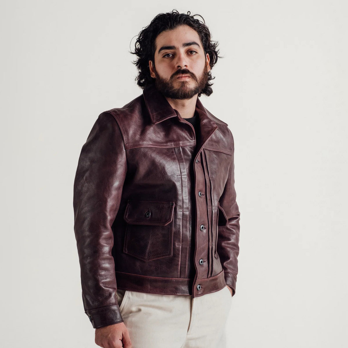 Men's Burgundy Leather Workwear Jacket