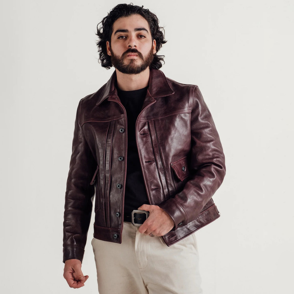 Men's Burgundy Leather Workwear Jacket