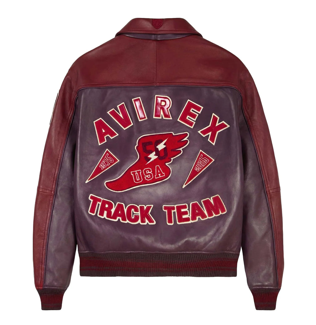 Men's Burgundy Two-Tone Leather Bomber Jacket | Track Team Chenille Patch Edition