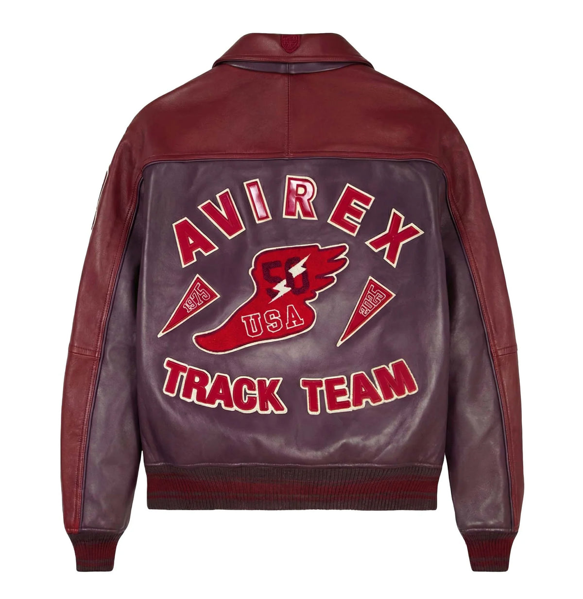 Men's Burgundy Two-Tone Leather Bomber Jacket | Track Team Chenille Patch Edition