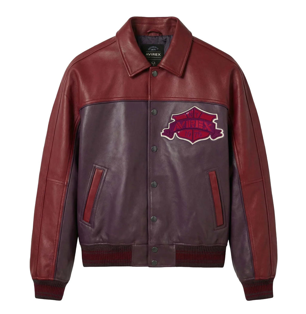 Men's Burgundy Two-Tone Leather Bomber Jacket | Track Team Chenille Patch Edition