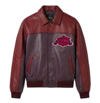 Men's Burgundy Two-Tone Leather Bomber Jacket | Track Team Chenille Patch Edition