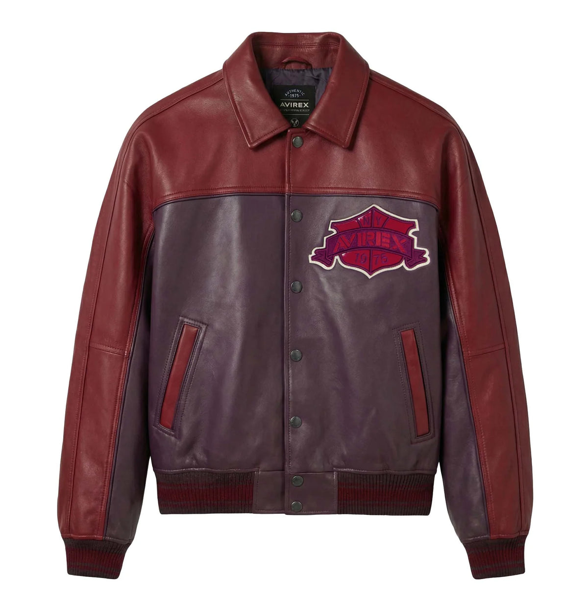Men's Burgundy Two-Tone Leather Bomber Jacket | Track Team Chenille Patch Edition