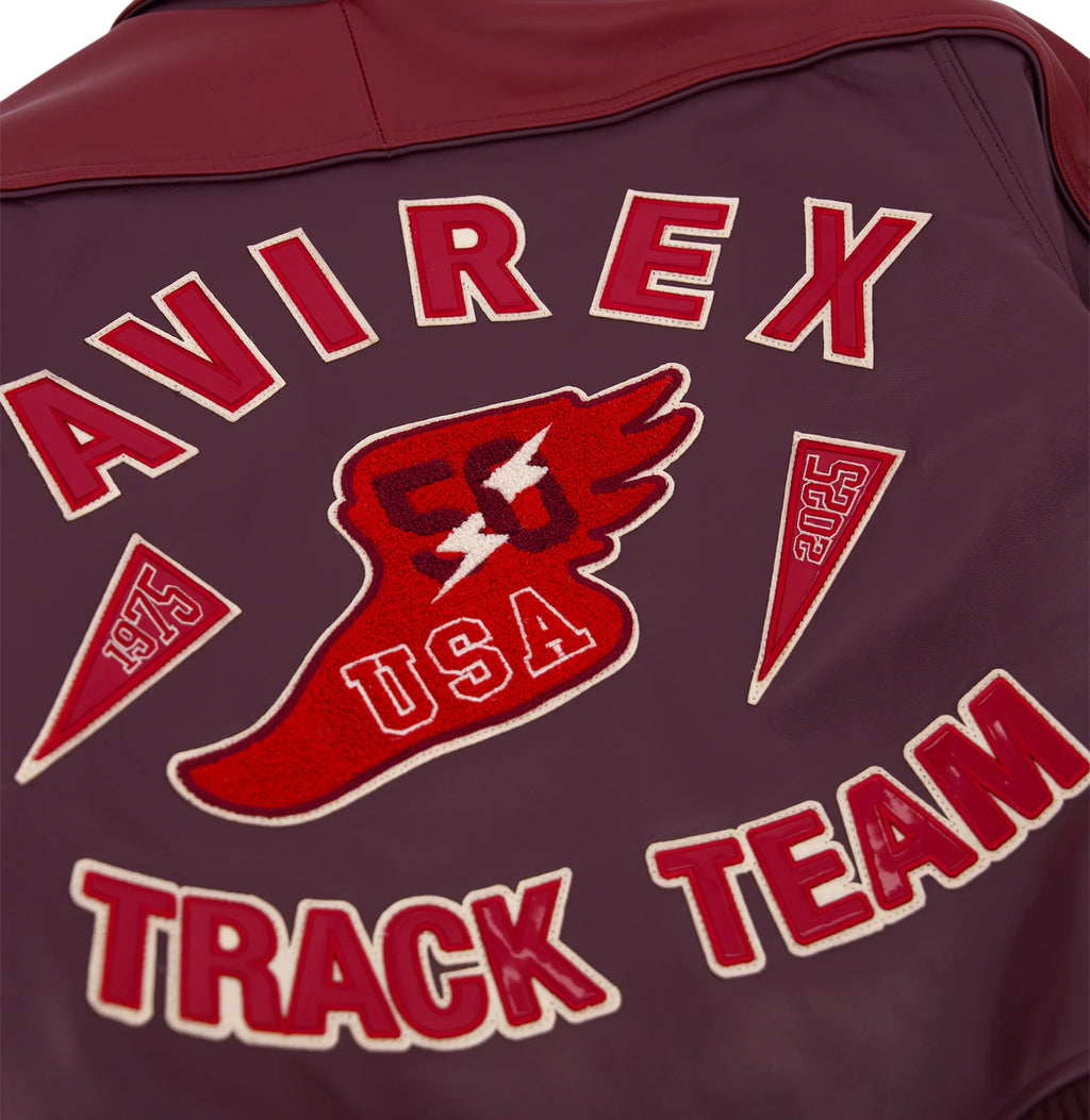 Men's Burgundy Two-Tone Leather Bomber Jacket | Track Team Chenille Patch Edition