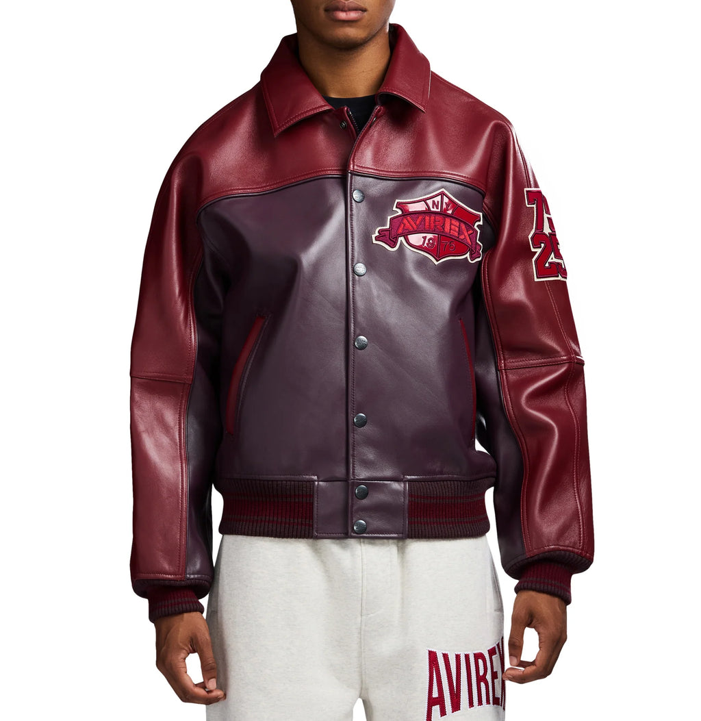 Men's Burgundy Two-Tone Leather Bomber Jacket | Track Team Chenille Patch Edition