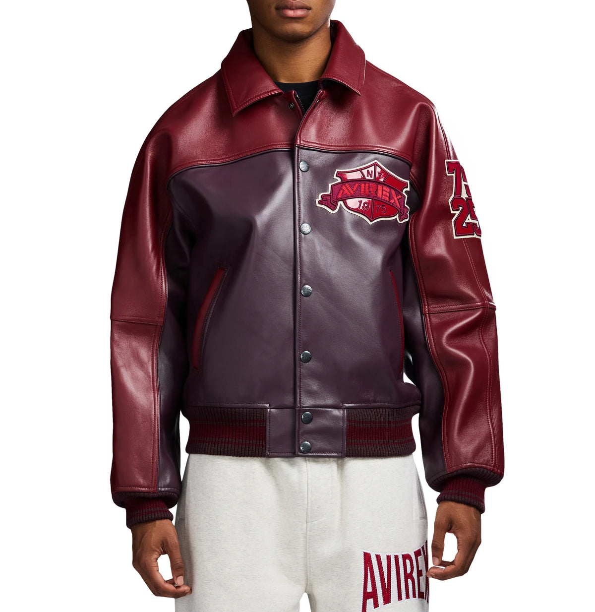Men's Burgundy Two-Tone Leather Bomber Jacket | Track Team Chenille Patch Edition