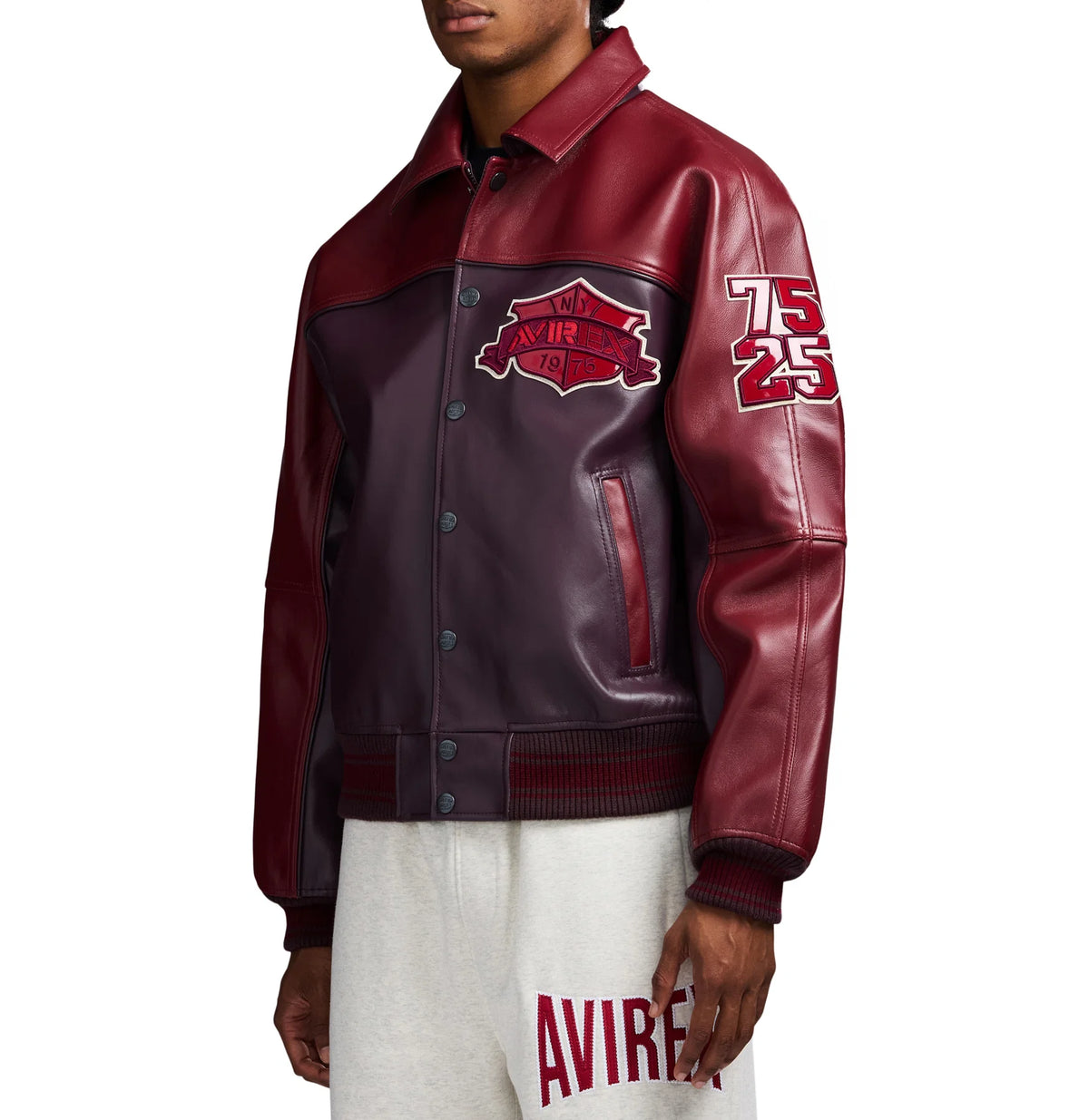Men's Burgundy Two-Tone Leather Bomber Jacket | Track Team Chenille Patch Edition