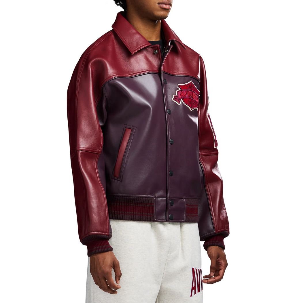 Men's Burgundy Two-Tone Leather Bomber Jacket | Track Team Chenille Patch Edition