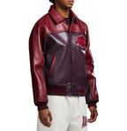 Men's Burgundy Two-Tone Leather Bomber Jacket | Track Team Chenille Patch Edition