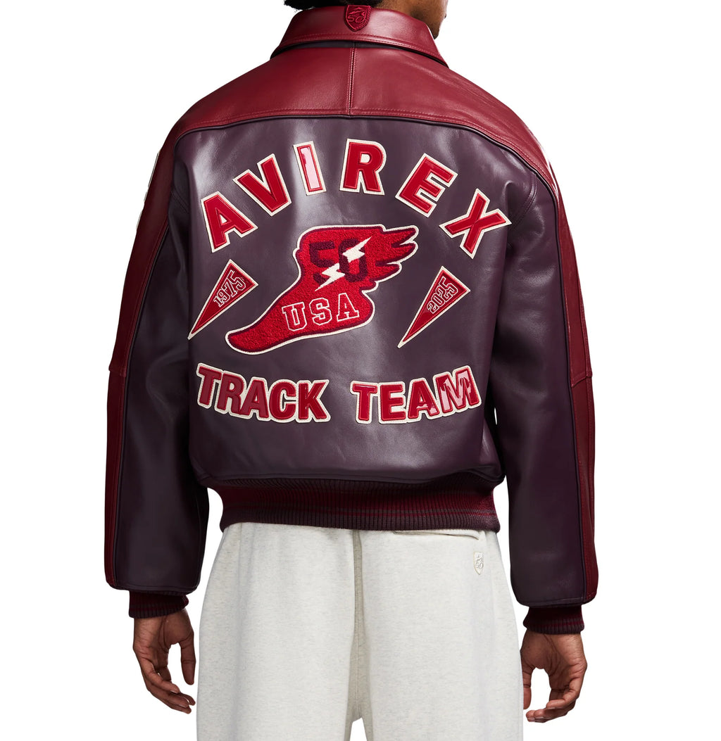 Men's Burgundy Two-Tone Leather Bomber Jacket | Track Team Chenille Patch Edition