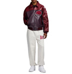 Men's Burgundy Two-Tone Leather Bomber Jacket | Track Team Chenille Patch Edition