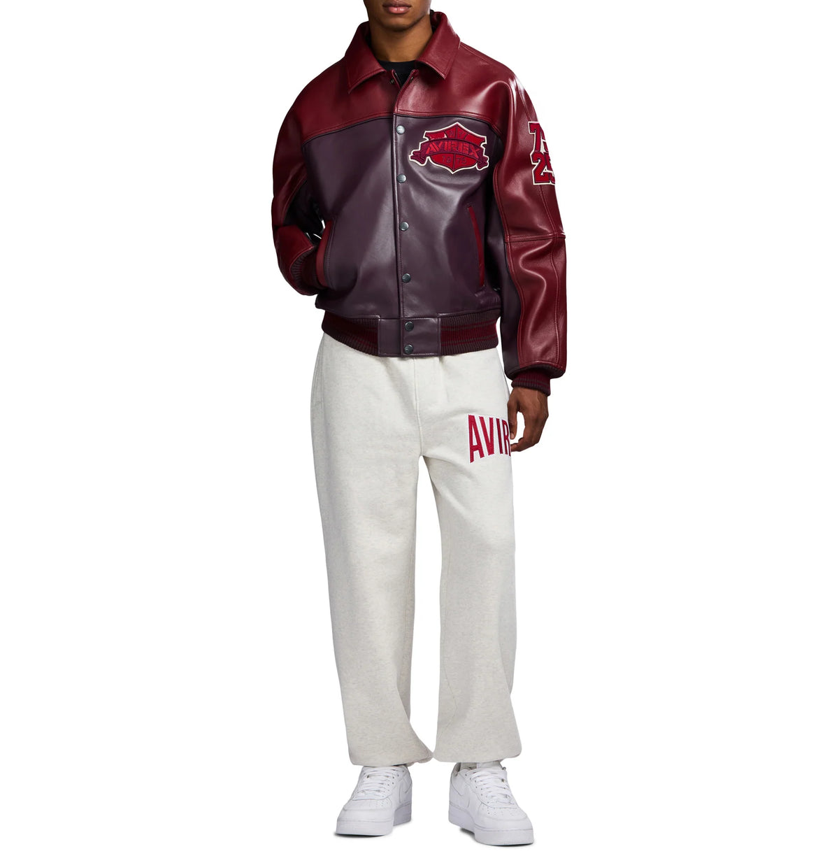 Men's Burgundy Two-Tone Leather Bomber Jacket | Track Team Chenille Patch Edition