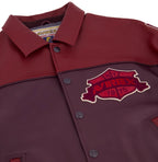 Men's Burgundy Two-Tone Leather Bomber Jacket | Track Team Chenille Patch Edition