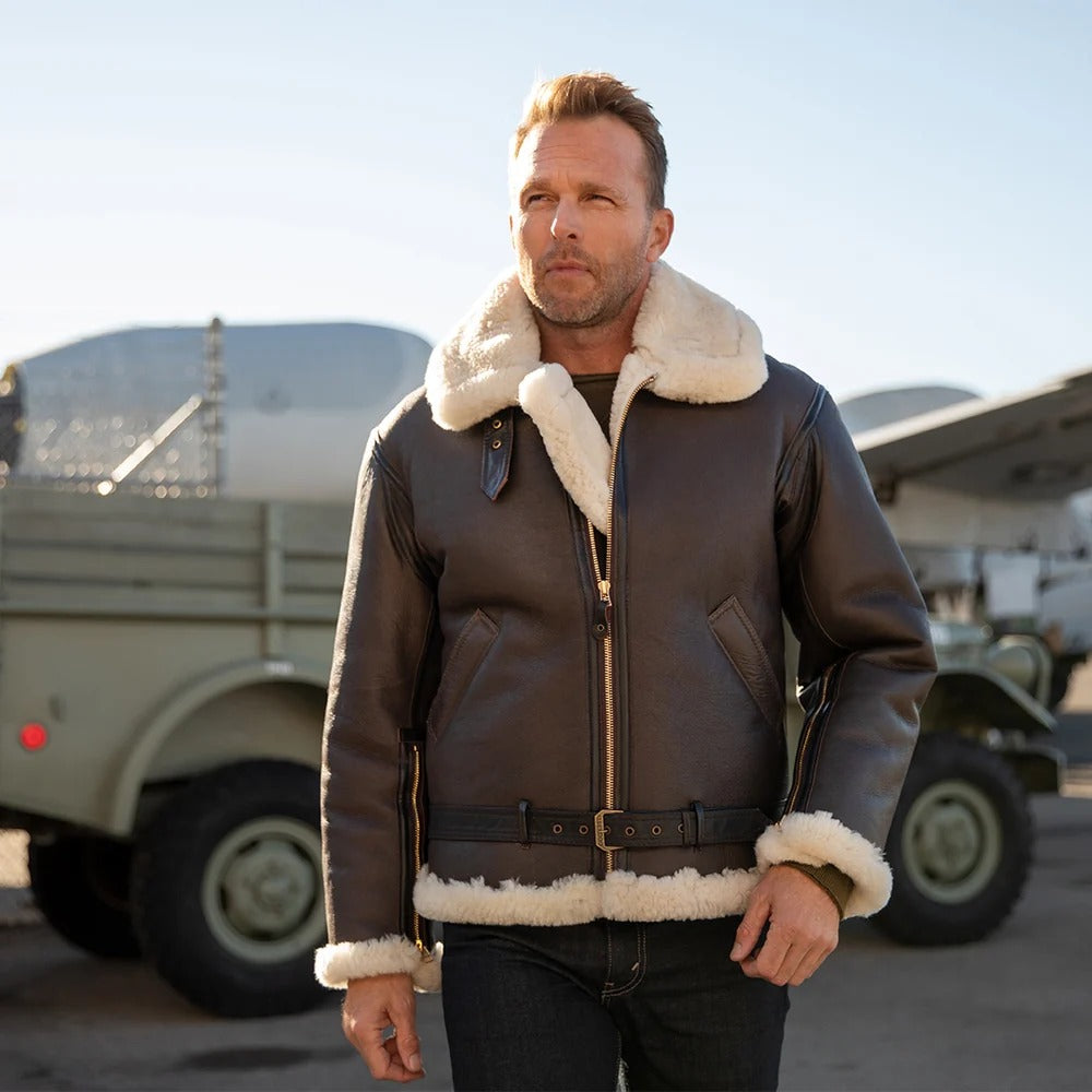 Men's Champ Bomber Shearling Jacket – Genuine Sheepskin Leather Belted Flight Jacket