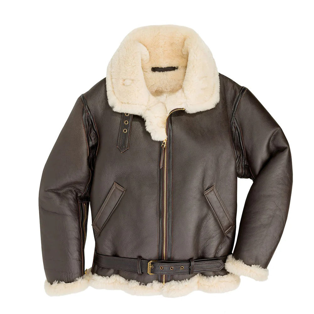 Men's Champ Bomber Shearling Jacket – Genuine Sheepskin Leather Belted Flight Jacket