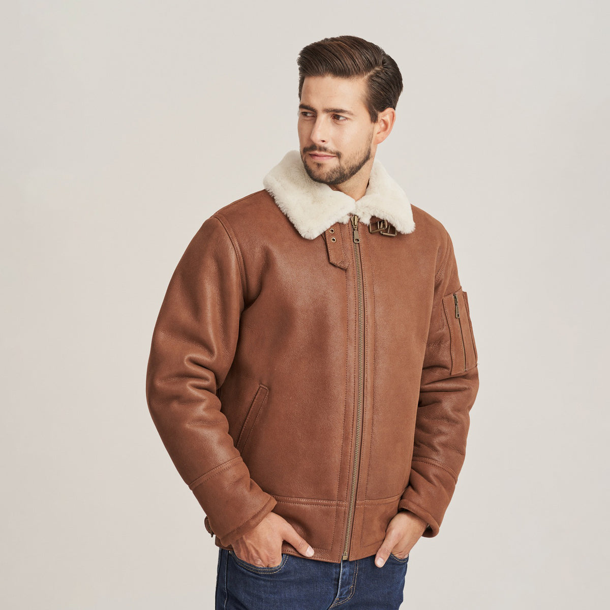 Men's Chestnut Brown B-3 Shearling Bomber Jacket