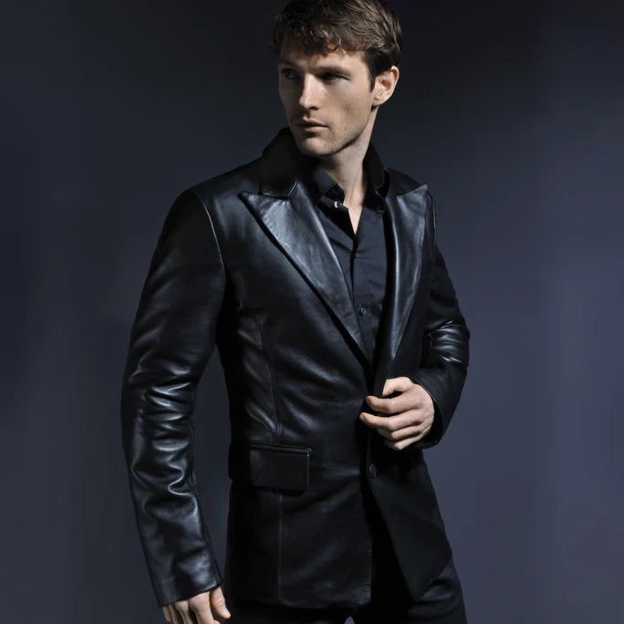 Men's Classic Black Leather Blazer