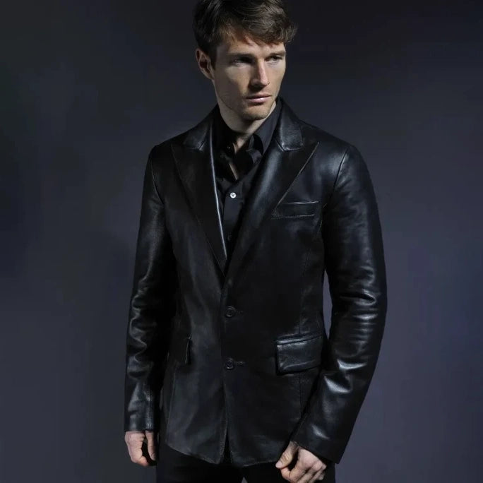 Men's Classic Black Leather Blazer