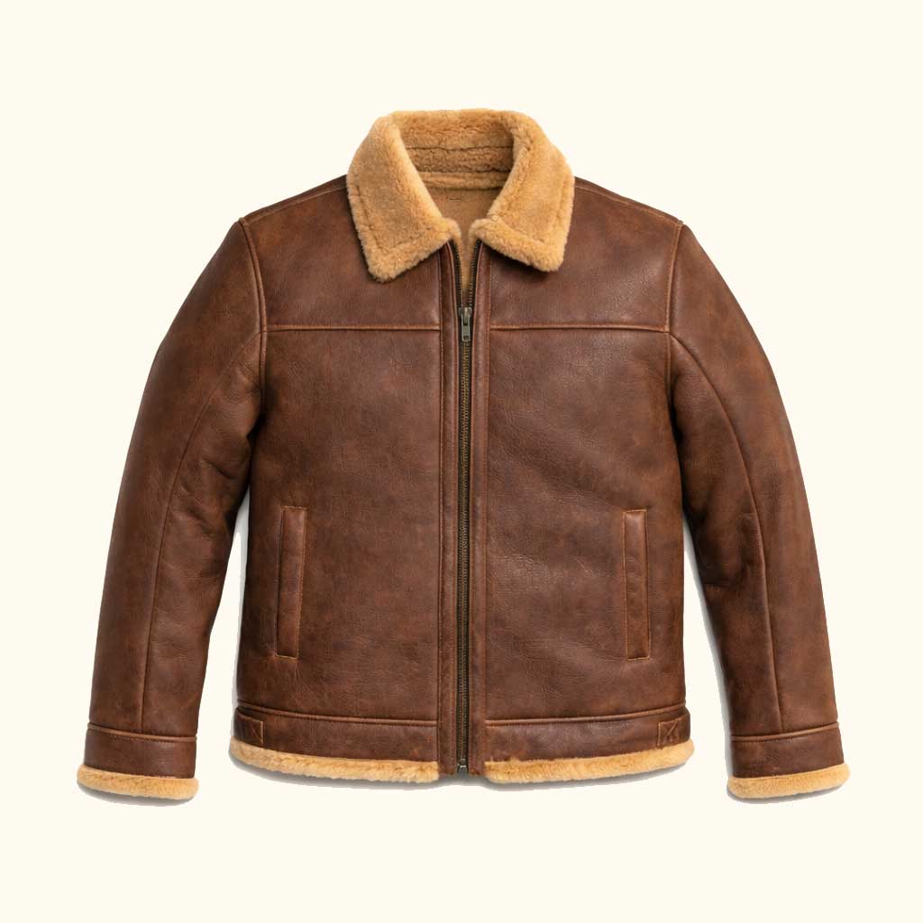 Men's Classic Brown Shearling Leather Bomber Jacket