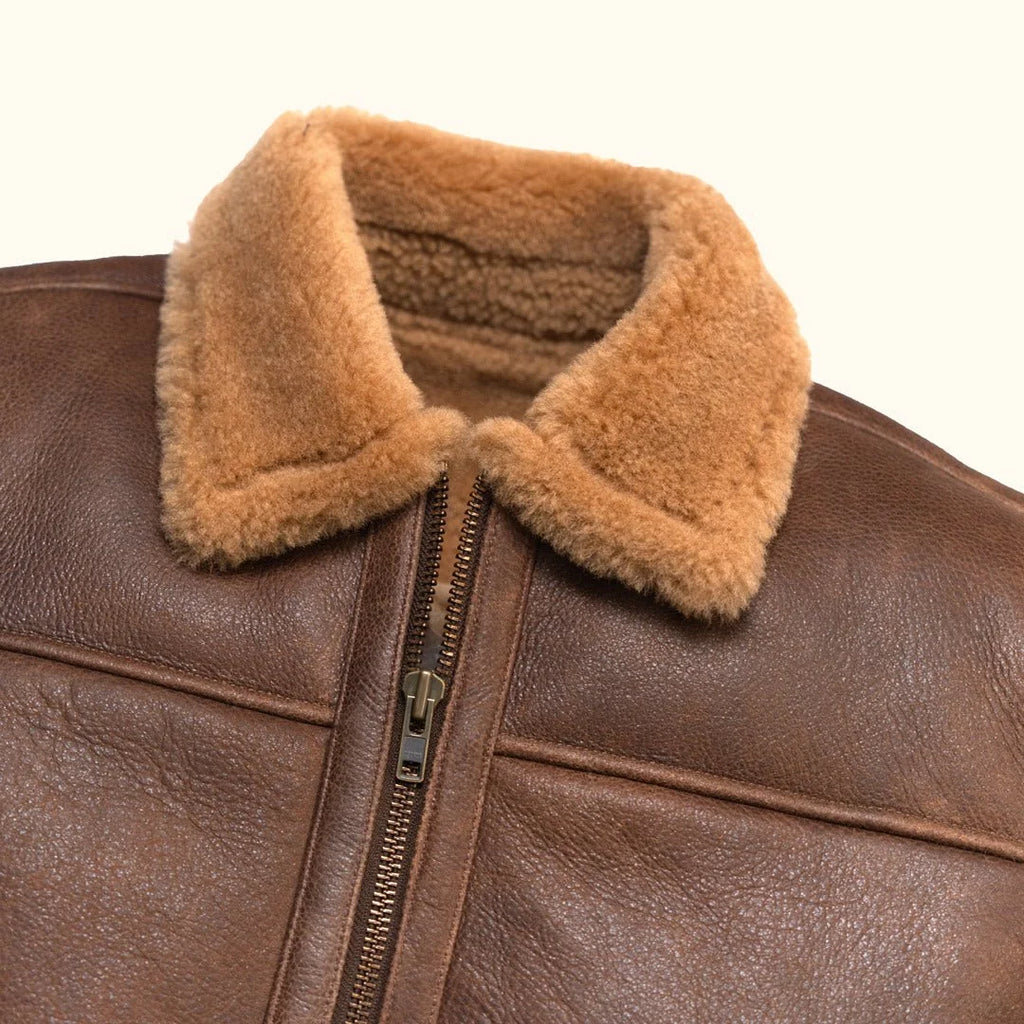 Men's Classic Brown Shearling Leather Bomber Jacket