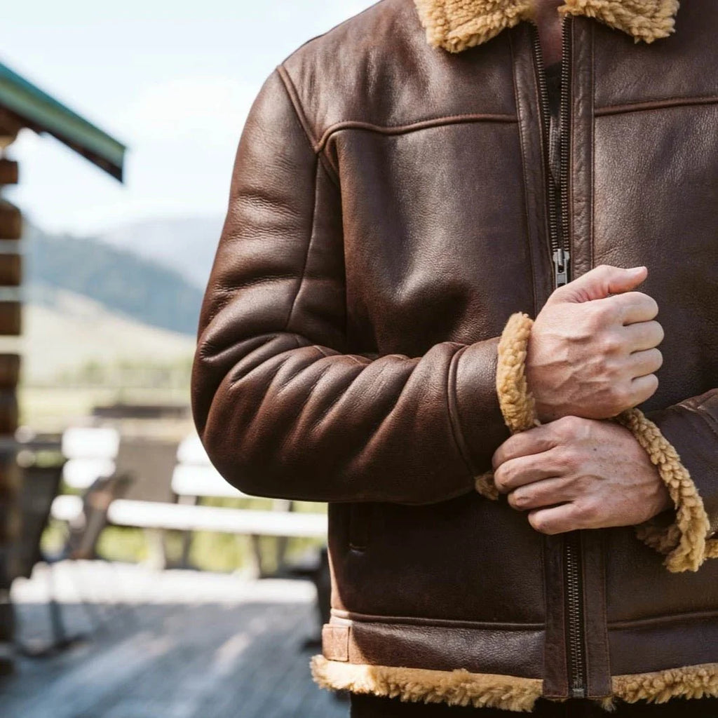 Men's Classic Brown Shearling Leather Bomber Jacket