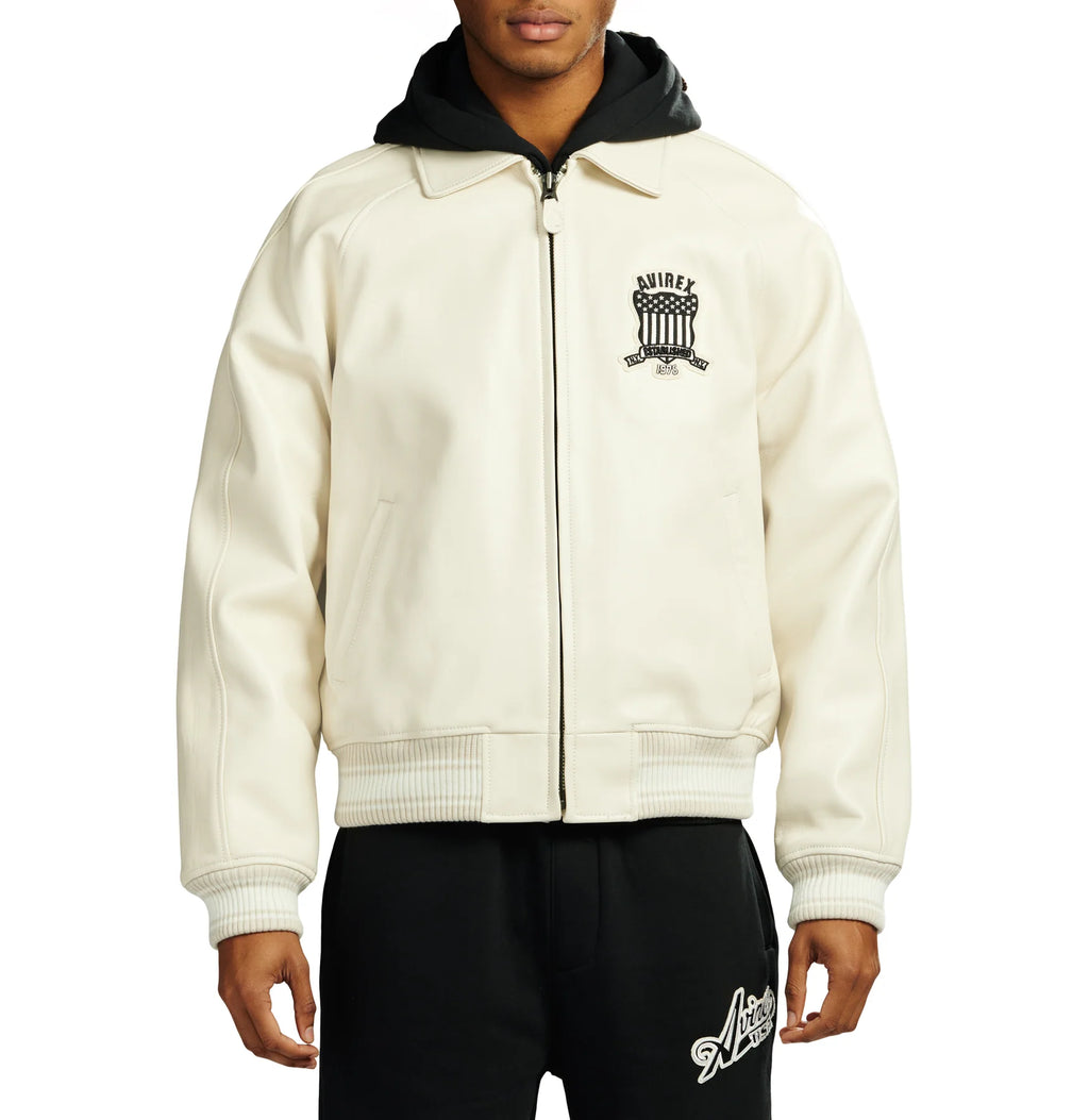 Men's White Lambskin Leather Varsity Bomber Jacket with Logo Appliqué