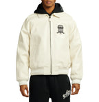 Men's White Lambskin Leather Varsity Bomber Jacket with Logo Appliqué