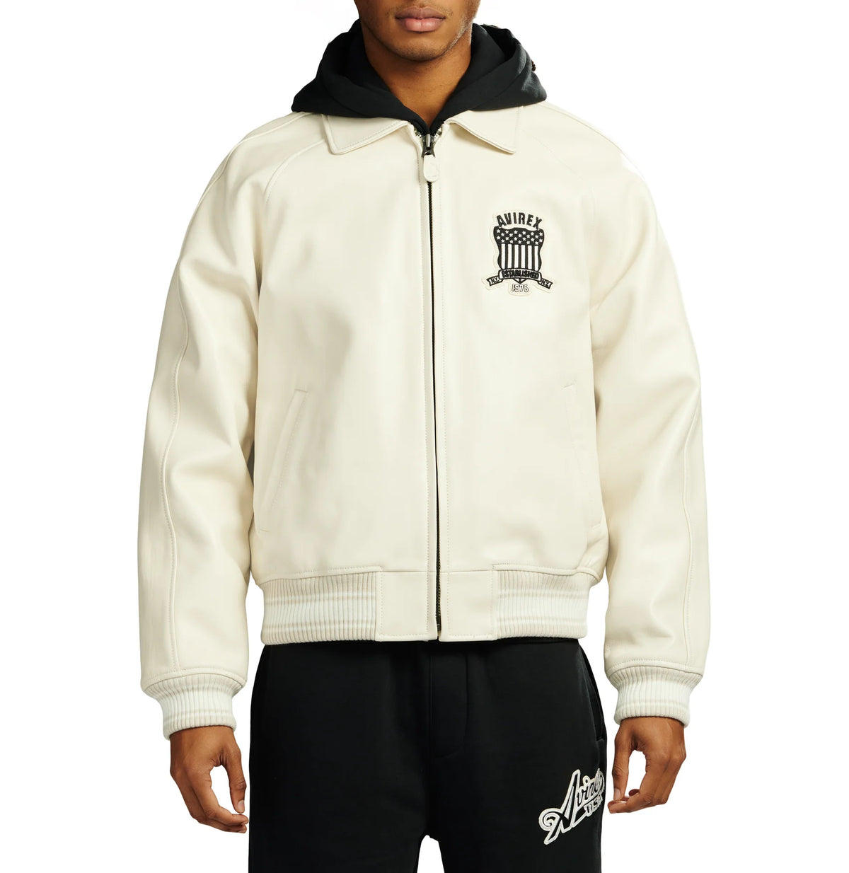 Men's White Lambskin Leather Varsity Bomber Jacket with Logo Appliqué