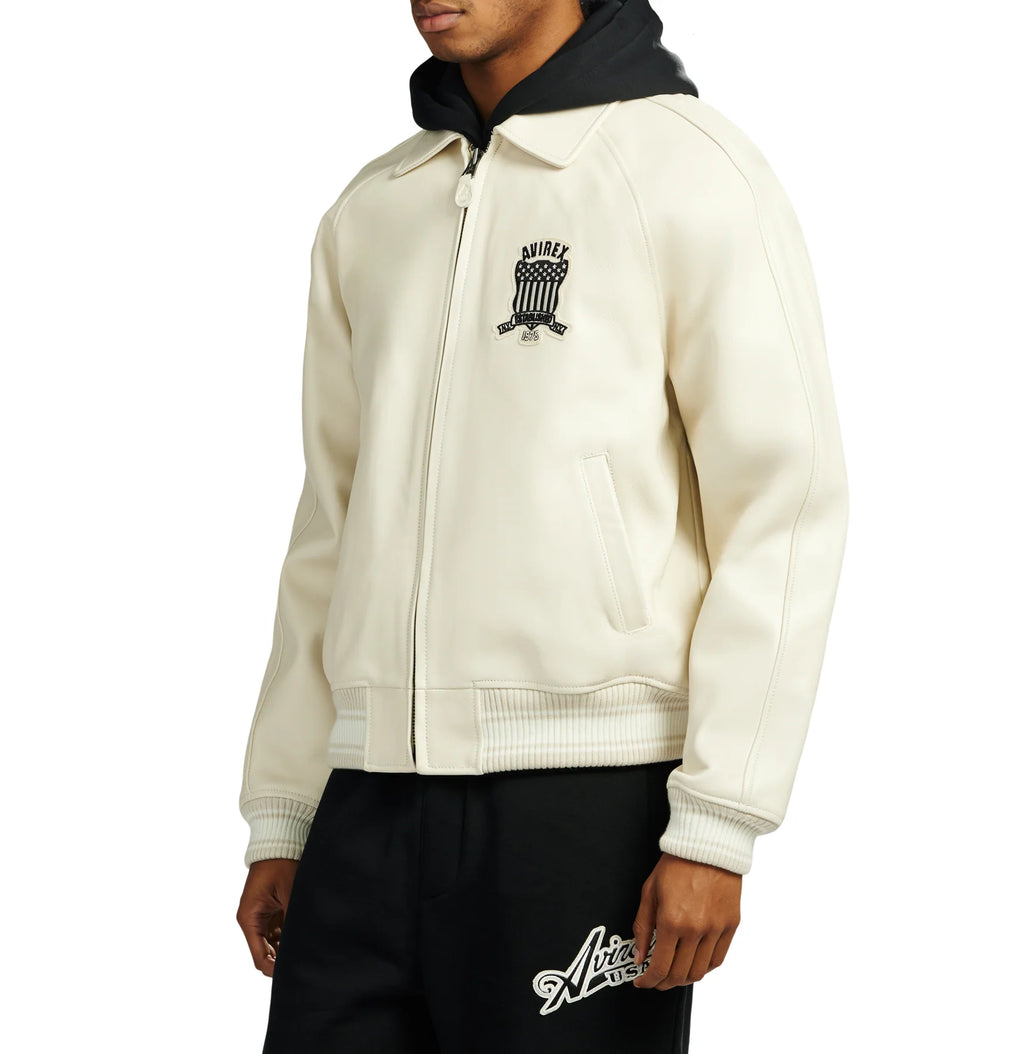 Men's White Lambskin Leather Varsity Bomber Jacket with Logo Appliqué