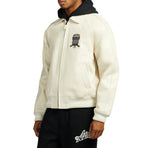 Men's White Lambskin Leather Varsity Bomber Jacket with Logo Appliqué